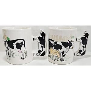 Set Of 2 Vintage Holstein Cow Coffee Mugs with 3D Cow-Shaped Handle & Farm Scene